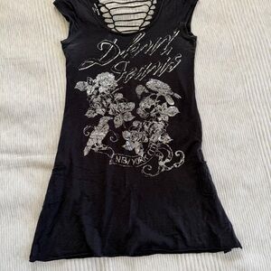 DKNY Black Floral Graphic Short Sleeve Dress